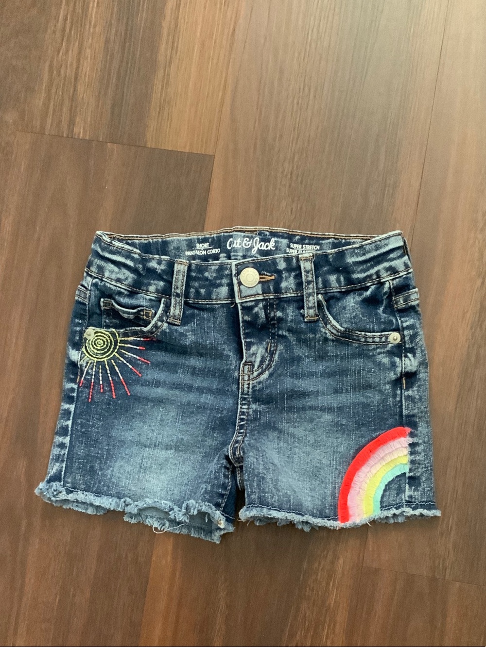 Cat & Jack Dark Wash Denim Shorts with Rainbow & Sun Embroidery